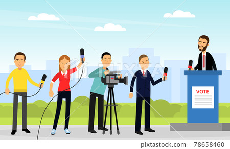 Male and Female Journalist Conducting Interview on Television Broadcast Reporting News and Information Vector Illustration Male and Female Journalist Conducting Interview on Television Broadcast Reporting News and Information Vector Illustration 78658460