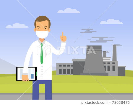 Young Man in Face Mask Showing Restriction Sign Towards Industrial Plants Contaminating Environment Vector Illustration Young Man in Face Mask Showing Restriction Sign Towards Industrial Plants Contaminating Environment Vector Illustration 78658475