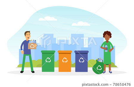 Young Man and Woman Gathering Garbage and Sorting Trash for Recycling Contributing into Environment Preservation Vector Illustration Young Man and Woman Gathering Garbage and Sorting Trash for Recycling Contributing into Environment Preservation Vector Illustration 78658476