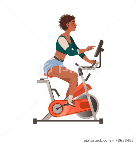 Young Woman on Stationary Bicycle at Gym Doing... - Stock Illustration ...