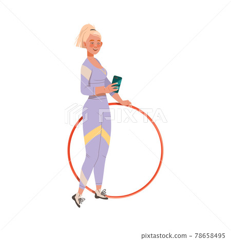 Young Woman Character with Blond Hair Taking Selfie with Hula Hoop Doing Sport and Physical Exercise Training Body and Muscle Vector Illustration 78658495