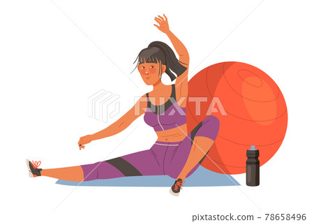 Young Female Character on Mat Stretching Doing Sport and Physical Exercise Training Body and Muscle Vector Illustration 78658496