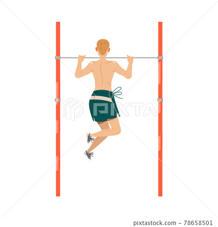 Young Man Character Doing Chin Up or Pull Ups as Sport and Physical Exercise Training Body and Muscle Vector Illustration 78658501