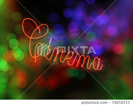 Vintage Red Neon Cinema Sign on Theater 78658553