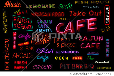 Vintage Neon Cafe Sign With Colorful Bokeh 78658565
