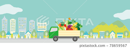 卡車與蔬菜和城市景觀水彩觸摸插圖 78659567