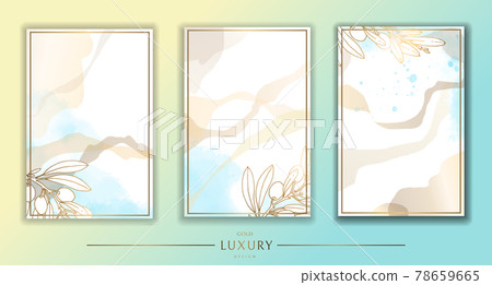 Gold frame. Set of gilded olive leaves and branches. Blue watercolor stains. Modern minimalist design. Vector illustration. 78659665