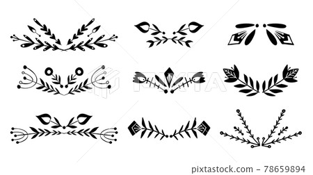 Set of black silhouette of spacers with tribal twig. Vector nature design elements. Folk plant text delimiters for article, invitation and card. Natural geometric design element Set of black silhouette of spacers with tribal twig. Vector nature design elements. Folk plant text delimiters for article, invitation and card. Natural geometric design element 78659894