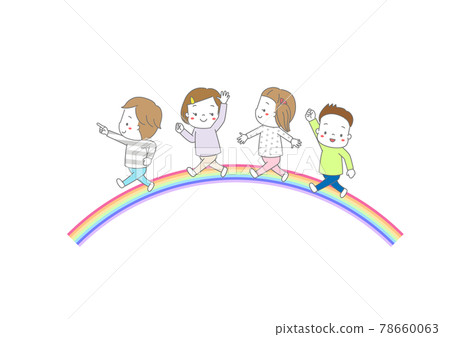 Children walking side by side on a rainbow arch 78660063