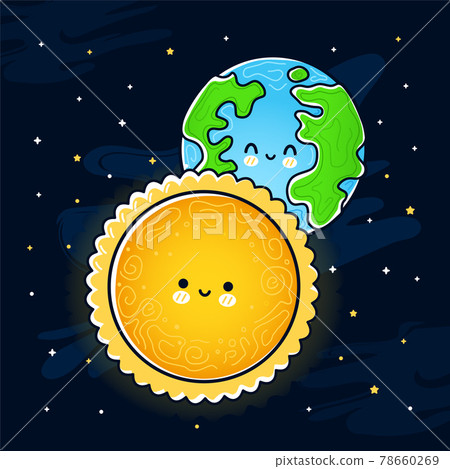 Cute funny Sun and Earth planet. Vector hand drawn cartoon kawaii character illustration icon. Sun and Earth mascot character concept Cute funny Sun and Earth planet. Vector hand drawn cartoon kawaii character illustration icon. Sun and Earth mascot character concept 78660269