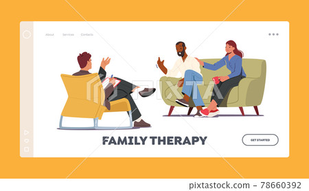 Family Therapy Landing Page Template. Psychotherapeutic Meeting, Psychological Aid. Characters on Sofa Talking to Doctor 78660392