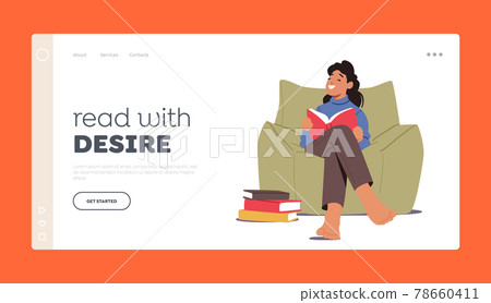 Schoolgirl Learning, Read Story Landing Page Template. Girl Reading Book Sitting on Armchair at Home or Library Schoolgirl Learning, Read Story Landing Page Template. Girl Reading Book Sitting on Armchair at Home or Library 78660411