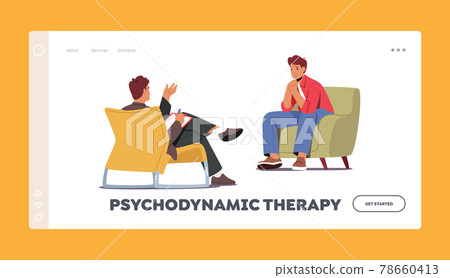 Psychodynamic Therapy Landing Page Template. Psychiatrist Session in Mental Clinic. Patient Character with Depression Psychodynamic Therapy Landing Page Template. Psychiatrist Session in Mental Clinic. Patient Character with Depression 78660413