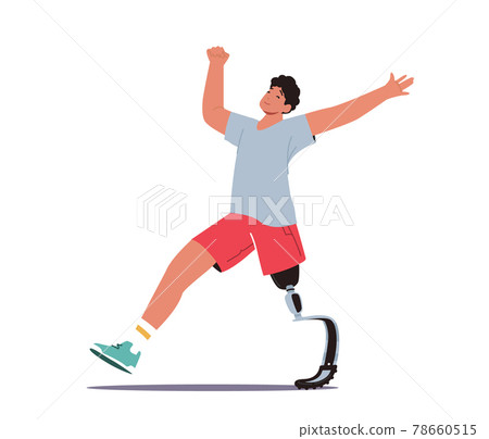 Disabled Athlete Character Run Training, Sportsman with Bionic Leg Prosthesis Jogging, Post-Accident Recovery, Rehab 78660515