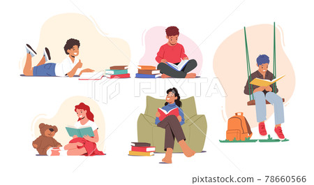 Set Kids Reading Books, School Education, Knowledge. Boys and Girls Characters Studying, College or Preschool Learning 78660566