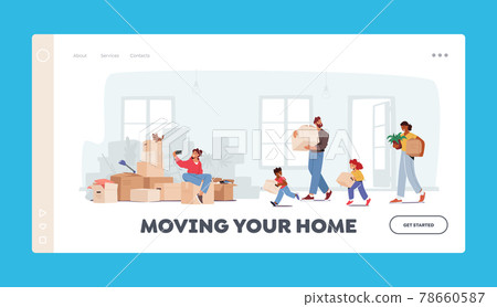 Happy Family Relocation Landing Page Template. Mother, Father and Kids Moving into New House. Characters Carry Boxes 78660587