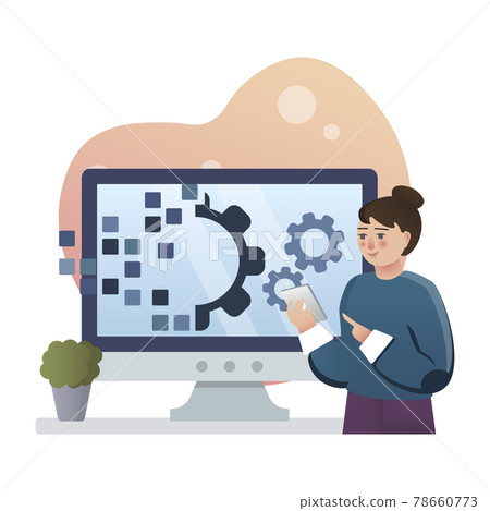 Digital Transformation. Isolated flat style colored illustration. Cloud storage, online base, marketing solution. Girl at presentation. Digital Transformation. Isolated flat style colored illustration. Cloud storage, online base, marketing solution. Girl at presentation. 78660773