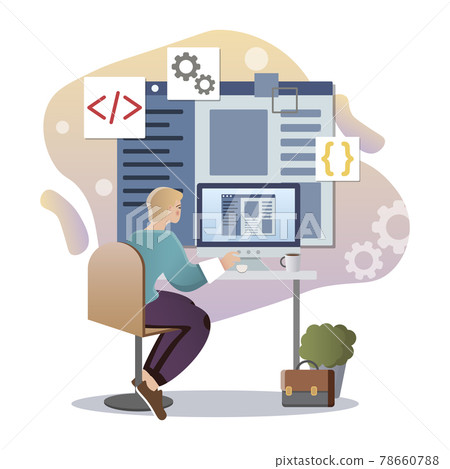 Software Development. Isolated flat style colored illustration. Cloud storage, online base, marketing solution. Programmer for work. Software Development. Isolated flat style colored illustration. Cloud storage, online base, marketing solution. Programmer for work. 78660788