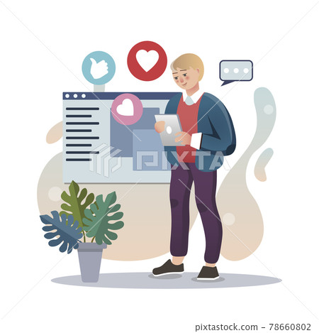 Content Management. Isolated flat style colored illustration. Cloud storage, online base, marketing solution. A man fills the site. 78660802