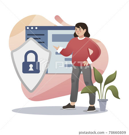 Online Privacy. Isolated flat style colored illustration. Cloud storage, online base, marketing solution. Girl guarding privacy. 78660809