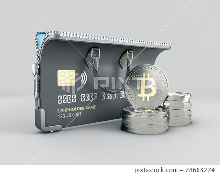 3d Rendering of Open CardBank with silver coins bitcoin. The concept of the crypto currency, clipping path included. 3d Rendering of Open CardBank with silver coins bitcoin. The concept of the crypto currency, clipping path included. 78663274