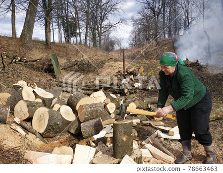 An old woman chopping firewood for the winter, also removes her yard near the house, on the street early spring. An old woman chopping firewood for the winter, also removes her yard near the house, on the street early spring. 78663463