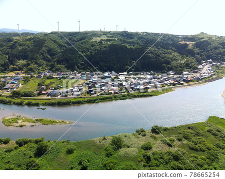 Aerial view of the Honmachi district of Kaminokuni, Hokkaido in early summer 78665254
