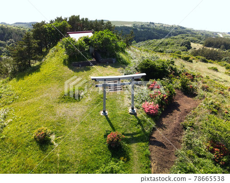 Aerial view of the scenery of Iozan Shrine in Kaminokuni Town, Hokkaido in early summer 78665538