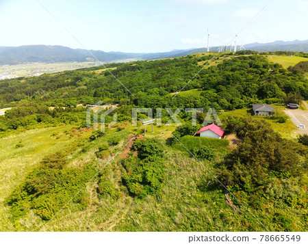 Aerial view of the scenery of Iozan Shrine in Kaminokuni Town, Hokkaido in early summer 78665549