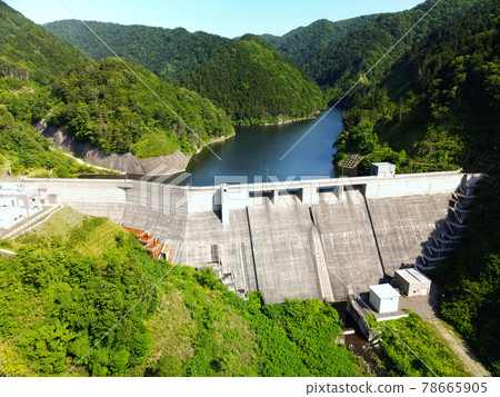 Aerial view of Kaminokuni Dam, Kaminokuni Town, Hokkaido in early summer 78665905
