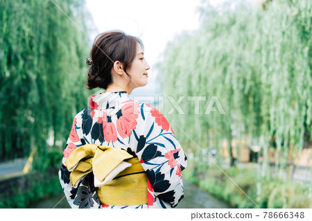 Willow tree and woman in a yukata 78666348