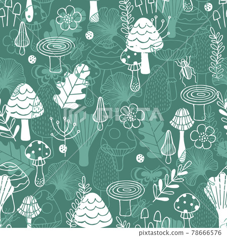 Forest elements seamless pattern. Linear graphic. Mushrooms, insects and leaves. Kid style. Vector illustration. 78666576