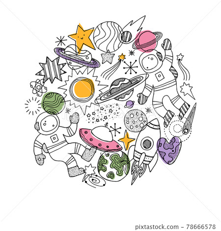Various space elements round composition. Linear graphic. Scandinavian minimalist style. Astronaut, planet, spaceship, star. Vector illustration Various space elements round composition. Linear graphic. Scandinavian minimalist style. Astronaut, planet, spaceship, star. Vector illustration 78666578