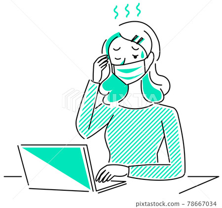 戴面具操作個人電腦的女性（中暑）的簡單線條圖 78667034