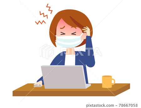 A woman wearing a mask and operating a computer (headache) 78667058