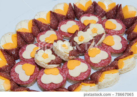 Catering food for the event - different types delicacies of meat and cheese arranged in a plate over light background - selective focus Catering food for the event - different types delicacies of meat and cheese arranged in a plate over light background - selective focus 78667065