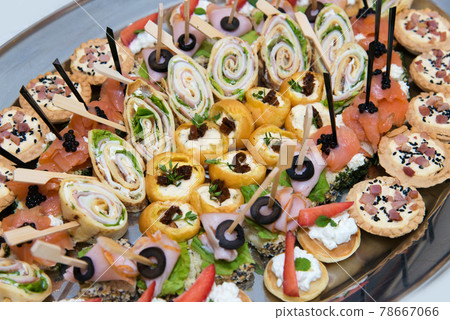 Catering food for the event - different types delicacies of meat and cheese arranged in a plate over light background - selective focus Catering food for the event - different types delicacies of meat and cheese arranged in a plate over light background - selective focus 78667066