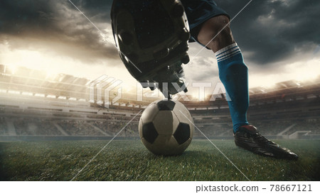 Male soccer, football player catching ball in motion, action at the stadium during sport match on dark sky background. Collage Male soccer, football player catching ball in motion, action at the stadium during sport match on dark sky background. Collage 78667121
