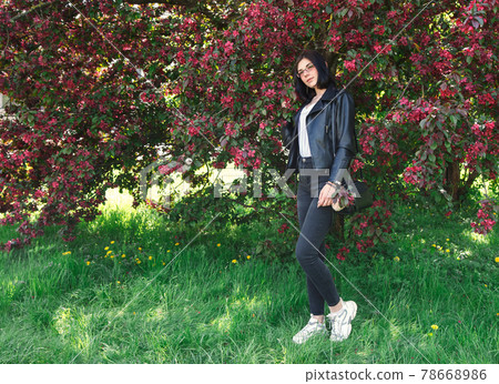 portrait of a young girl standing near cherry blossoms in spring portrait of a young girl standing near cherry blossoms in spring 78668986