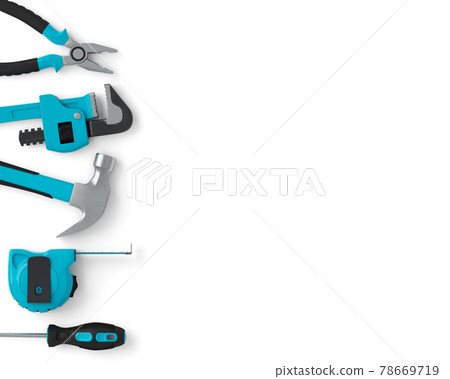 Top view of green construction tools for repair and installation on white 78669719