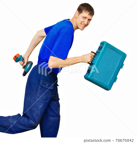 A repairman or utility worker rushes to the rescue with tools. Isolated on a white background. 78670842