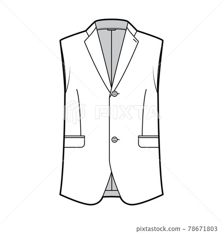 Sleeveless jacket lapelled vest waistcoat technical fashion illustration with single breasted, button-up closure, pocket Sleeveless jacket lapelled vest waistcoat technical fashion illustration with single breasted, button-up closure, pocket 78671803