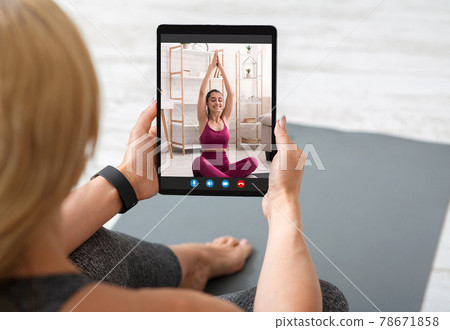 Online Training Concept. Woman Practicing Yoga Via Video Call With Instructor, Collage Online Training Concept. Woman Practicing Yoga Via Video Call With Instructor, Collage 78671858
