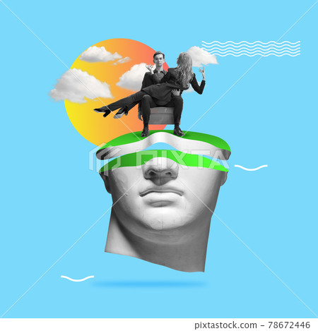 Sky. Contemporary art collage with antique statue head in a surreal style. 78672446