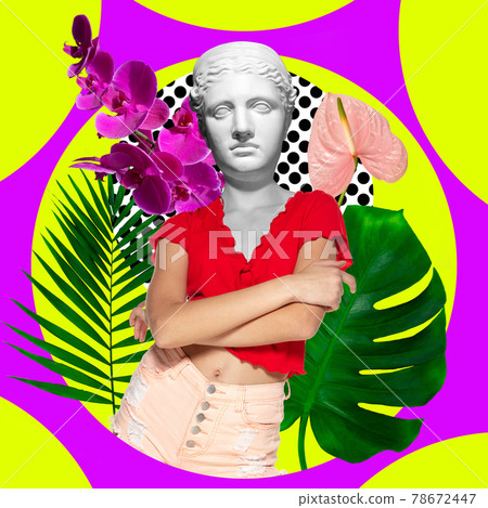 Contemporary art collage. Young woman headed of antique statue head isolated on multicolored neon background. Contemporary art collage. Young woman headed of antique statue head isolated on multicolored neon background. 78672447