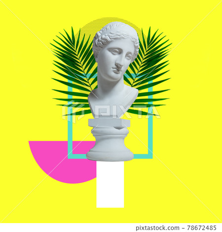 Contemporary art collage with antique statue head in a surreal style isolated on floral background. Contemporary art collage with antique statue head in a surreal style isolated on floral background. 78672485