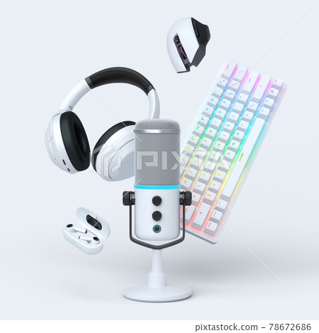 Flying gamer gears like mouse, keyboard, joystick, headset, VR, microphone 78672686
