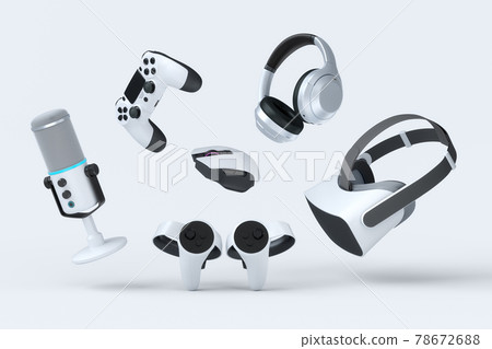 Flying gamer gears like mouse, keyboard, joystick, headset, VR, microphone 78672688