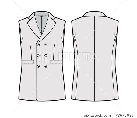 Sleeveless jacket lapelled vest waistcoat technical fashion illustration with double breasted, button-up closure, pocket Sleeveless jacket lapelled vest waistcoat technical fashion illustration with double breasted, button-up closure, pocket 78673085