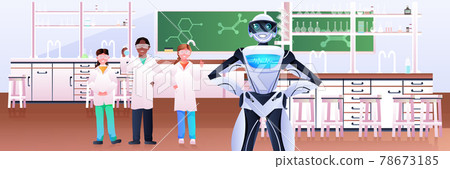 mix race pupils with robot making chemical experiments in laboratory artificial intelligence technology mix race pupils with robot making chemical experiments in laboratory artificial intelligence technology 78673185